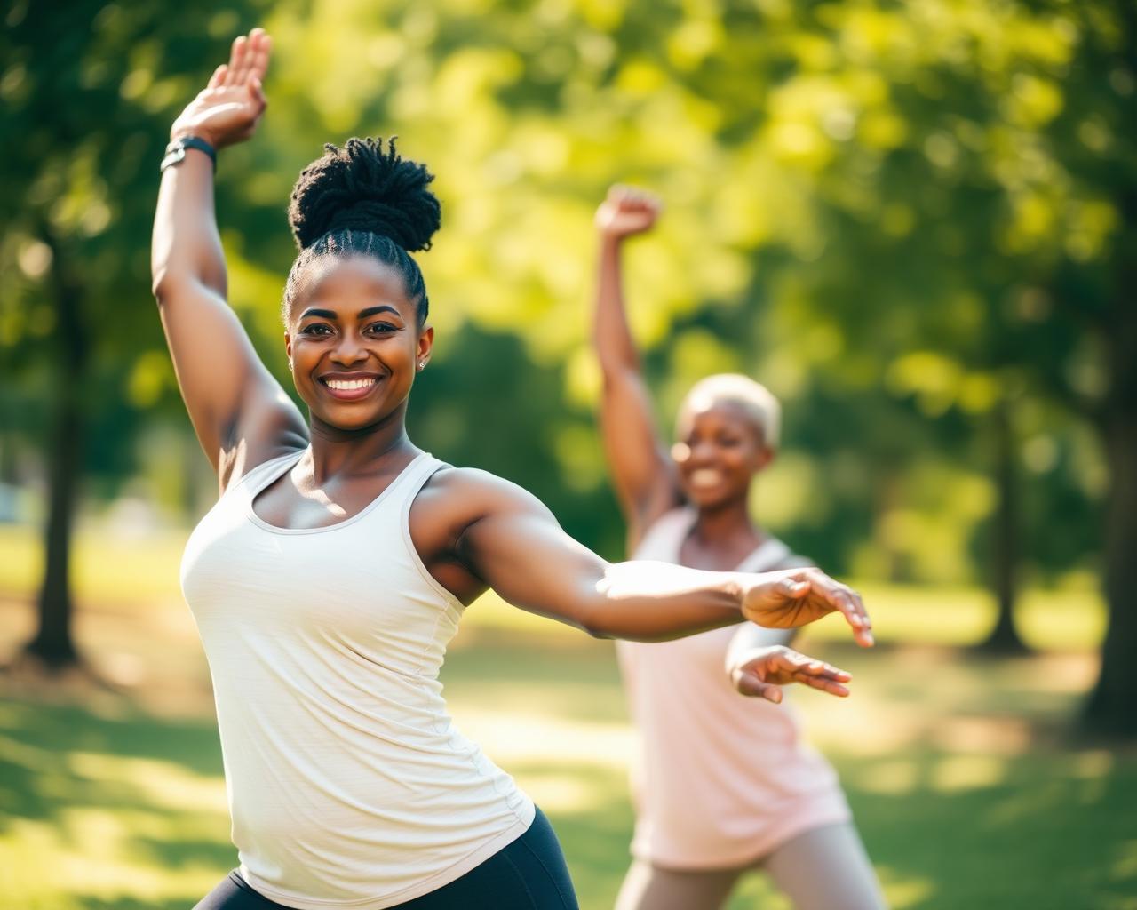 Couple stretching together outdoors, staying active after starting GLP-1 care